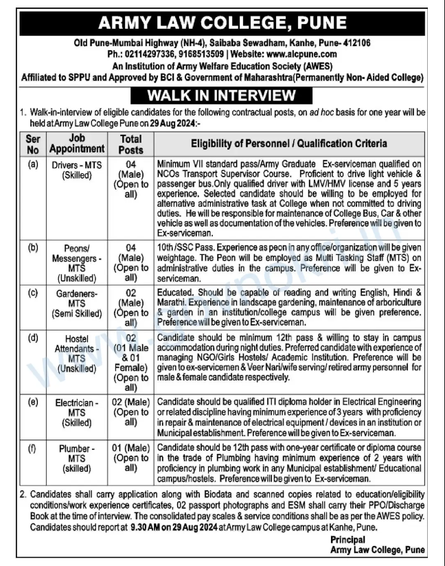 Army Law College Pune Recruitment 2024